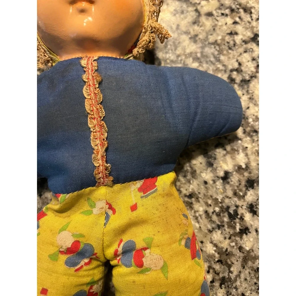 Vintage Cloth Doll Painted‎ Mask Face Lace Bonnet Blue Eyes Stuffed Toy Antique